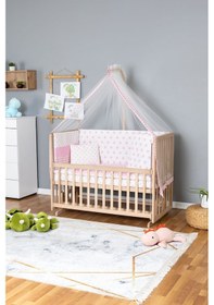 Resim Ahşap Beşik Anne Yanı Beşik Organik 70x130 - Pembe Yıldız 1 Yastıklı Uyku Seti + Yataklı Ahşap 