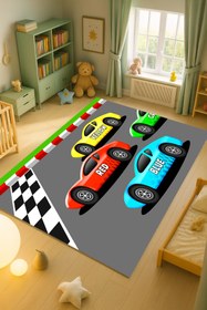 Resim Kessy Home Studio Ralli Arabalar Desenli Eğlenceli Oyun Halısı Yıkanabilir Kaymaz Taban Çocuk Odası Halısı 5 