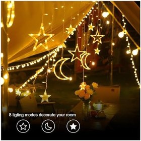 Resim Ay Yıldız Saçak LED Perde Işık, 8 Farklı Işık Modu, 3 Metre Uzunluğunda, 138 LED’li Sarı Işık, 12 Sarkıtlı Yıldız ve Ay, Su Geçirmez Tasarım, Dekorasyon Noel Yılbaşı İçin Saçak LED Yılbaşı Perde Işık 