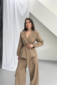 Resim Neşeli Butik vizon kahverengi kuşak detaylı oversize şalvar pantolon blazer ceket takım NBNP023 