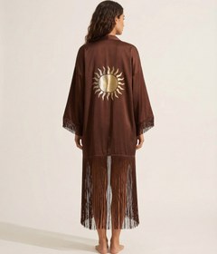 Resim Auréline Kahverengi Saten İpek Püsküllü Kimono - M/L 