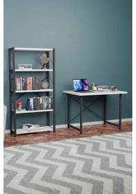 Resim Metal Kitaplık 5 Raflı + 60x90 Cm Çalışma Masası Beyaz 