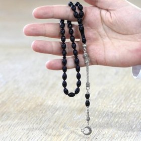 Resim Sıkma Kehribar Tesbih - Metal Püsküllü - Özel Hediye Kutu - Arpa Kesim - Siyah Renk 