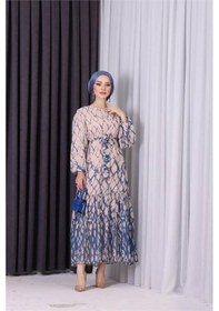 Resim Neşeli Butik Kadın Şifon Eteği Fırfırlı Desenli Tesettür Elbise Sms008 Mavi 