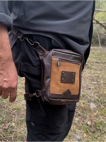 Resim Tantobushcraft Su Geçirmez Deri & Nubuk Kahverengi Motorcu Bacak & Bel Çantası – Outdoor / Motosiklet 
