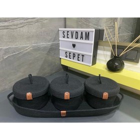 Resim Sevdam Sepet Siyah Üçlü Banyo Sepet Set + Ip Tepsi, Dekoratif Sepet, Pamukluk, Pamuk Sepeti, Kulak Çöpü Sepeti 