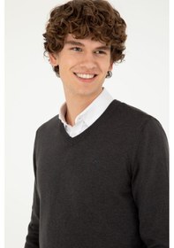 Resim U.S. Polo Assn. Erkek Slim Fit V Yaka Antrasit Melanj Basic Kazak 50293512-VR081 