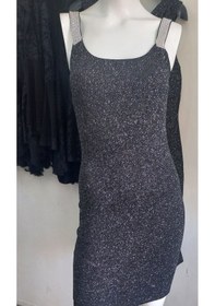 Resim Lacis Siyah Uzeri Gümüş Simli Plastik Tasli Bodycon Elbise Siyah 