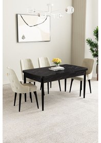 Resim Clara Siyah Mermer Desen 80x132 Açılabilir Yemek Odası Takımı 4 Adet Sandalye Krem 