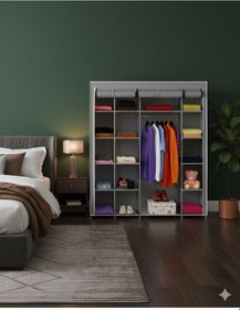 Resim Missidea Xtra Yandan Portatif Bez Dolap Metal İskeletli Askılı Raflı Kumaş Gardırop Gri Gri 