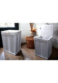 Resim Ahşap Kirli Çamaşır Sepeti Yıkanabilir Kumaşlı Beyaz 