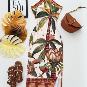 Resim Kadınlar için Tropikal Desenli Askılı Kolye Elbise - Y2K Vintage Tatil Kıyafeti, Pembe Parti ve Günlük Giyim - Makinede Yıkanabilir Kadın Formal & Casual Elbise, Tatil Elbiseleri, Orta Esneklikte Kumaş 