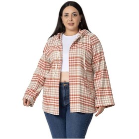 Resim Büyük Beden Geniş Kollu Kapüşonlu Cepli Kiremit Çizgili Hırka - Kiremit 