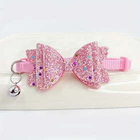 Resim Parlak Pembe Pullu Fiyonk ve Zil ile Ayarlanabilir Evcil Hayvan Tasması - Küçük Köpekler ve Kediler için Sevimli Polyester Aksesuar, Kedi Aksesuarı | Dekoratif Evcil Hayvan Tasması | Dayanıklı Evcil Hayvan Giyimi 