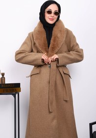 Resim İmajButik Camel Yaka Kürklü Kuşaklı Kaşe Kaban 