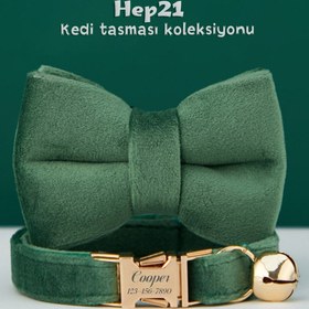 Resim Cat Collar Velvet Cat Collar with Name Bell - Forest Green Leash + Bow Tie / L 