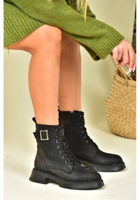 Resim Siyah Metal Tokalı Kadın Postal Bot N674260109 Siyah-Suni Deri 