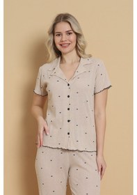 Resim Wordex Mirano 1712 Minik Kalp Desenli Pointel İnce Kumaş Düğmeli Kısa Kollu Kadın Pijama Takımı Bej 