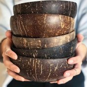 Resim El yapımı Hindistan cevizi kabuğu salata kasesi seti, ahşap kaşıklarla - Sürdürülebilir, salata, meyve ve tahılları servis etmek için mükemmel (2'li paket) 