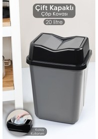 Resim Çift Kapaklı Plastik Çöp Kovası - Ev Ofis Banyo Mutfak Çöp Kovası Gri 20 Litre Gri 
