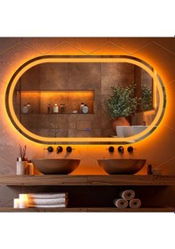 Resim Ovanta Amber Led'li Lazer Kumlamalı Lavabo & Banyo Aynası Dokunmatik Sensörlü 90 X 50 Turuncu 