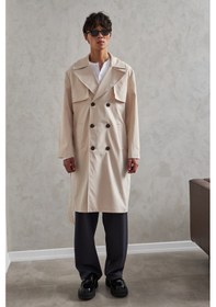Resim Erkek Kruvaze Yaka Oversize Trençkot Krem 
