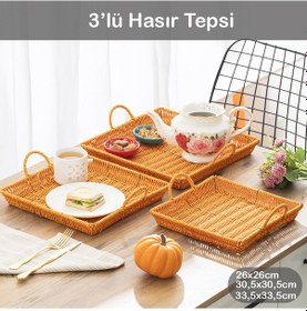 Resim Porsima 709a Kare 3'lü Hasır Tepsi Dekoratif Sunum Servis Tepsisi 