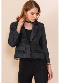 Resim Kadın Püskül Detaylı Kısa Blazer Ceket Siyah 