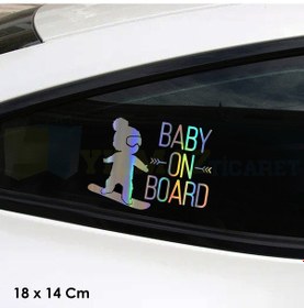Resim Kayakçı Arabada Bebek Var Hologram Oto Sticker Etiket Yapıştırma 