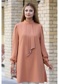 Resim Raika Moda Işıltı Taş Detaylı Büyük Beden Tesettür Tunik Camel 