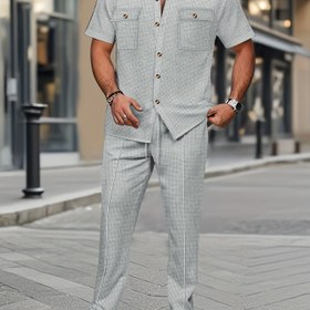 Resim Erkekler İçin 2 Parça Set, Yazlık Casual Moda Plaj Çift Cep Yaka Kısa Kollu Gömlek + Uzun Pantolon Takım, İlkbahar/Yaz Hawaii Tatil Kıyafeti 