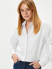 Resim Crop Gömlek Uzun Kollu Manşet Yaka Düğmeli Pamuklu 