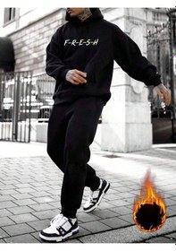 Resim Fresh Eşofman Takımı Sweatshirt Jogger - Siyah Baskılı Şardonlu Kapüşonlu Siyah 