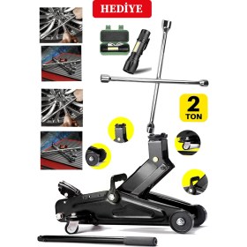 Resim PremiumPort 2 Ton Kapasiteli Tekerlekli Hidrolik Kriko ve Çelik Bijon Seti ile El Feneri Hediye 