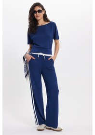 Resim Tudors Kadın Slim Fit Dar Kesim Kısa Kollu Kayık Yaka Lacivert Tişört-50566 