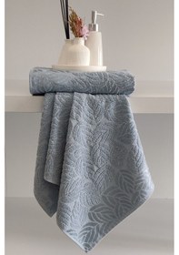 Resim 2'li Jakarlı Yaprak Desenli %100 Pamuk El Yüz Havlusu-50x90cm Acıkmavı Açık Mavi 