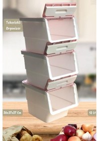 Resim 3 Lü Tekerlekli Patateslik Soğanlık Oyuncaklık Erzak Kutusu Sebzelik Beyaz Pembe 36 Lt Pembe Beyaz 