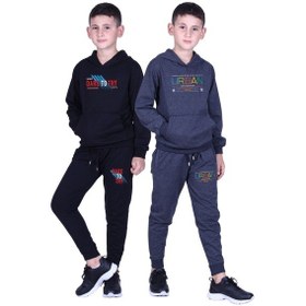 Resim Fyk Kids Erkek Çocuk Baskılı Kanguru Cepli Kapüşonlu 2li Eşofman Takımı Siyah - Füme 