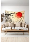 Resim Kırmızı Ay Ve Dallar Desenli Duvar Halısı Duvar Örtüsü Tapestry Süet Dokulu Kumaş 