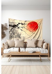 Resim Kırmızı Ay Ve Dallar Desenli Duvar Halısı Duvar Örtüsü Tapestry Süet Dokulu Kumaş 