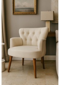 Resim Azra Mobilya Modern Berjer Tekli Koltuk Krem Babyface Kumaş, Ceviz Ayak, Salon, Oturma Odası, Balkon İçin Ekru 