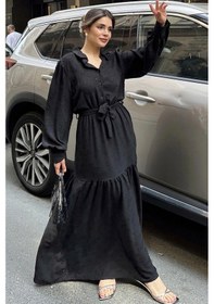Resim WeShaya Kadın Siyah Dokulu Kumaş, Beli Kuşaklı, Balon Kol, A Kesim, Vintage Maksi Elbise - Tesettüre Uygun Siyah 