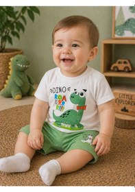 Resim Durukoza Erkek Bebek Dinozor Baskılı Şortlu Takım %100 Pamuk Yazlık Omuz Düğmeli Beyaz - Yeşil 