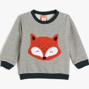 Resim Erkek Bebek Sweatshirt Peluş Tilki Aplike Detaylı Şardonlu Bisiklet Yaka 