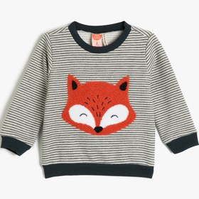 Resim Erkek Bebek Sweatshirt Peluş Tilki Aplike Detaylı Şardonlu Bisiklet Yaka 