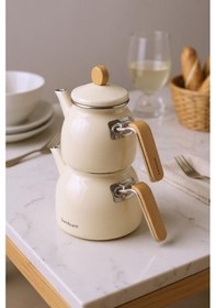 Resim Sultan - Bambu Kulplu Emaye Çaydanlık Takımı Krem 