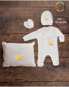 Resim yzc home size dair... K79 Ty Ekru Renk Isme Özel Isimli Baskılı Bebek Yastık Tulum Şapka Eldiven Set Hastane Çıkışı 