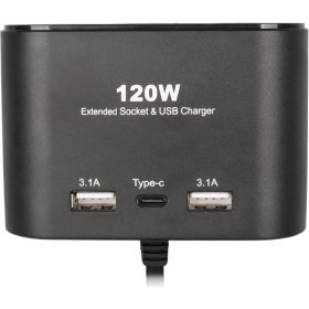 Resim Olesson 1653 12-24V Çift USB + Type-C Girişli 100W 70CM Kablolu 3'lü Araç Çakmak Çoklayıcı 