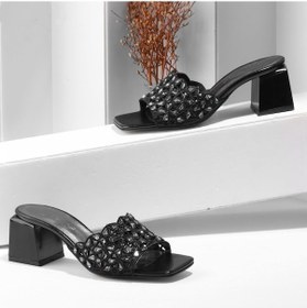 Resim Kadın Siyah Taş Detaylı Topuklu Terlik Siyah 