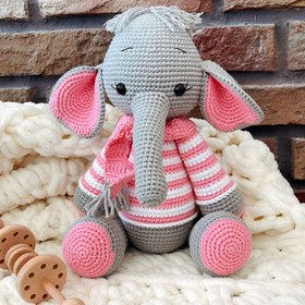 Resim Amigurumi Çizgili Fil Oyuncak - Gri-Pembe 